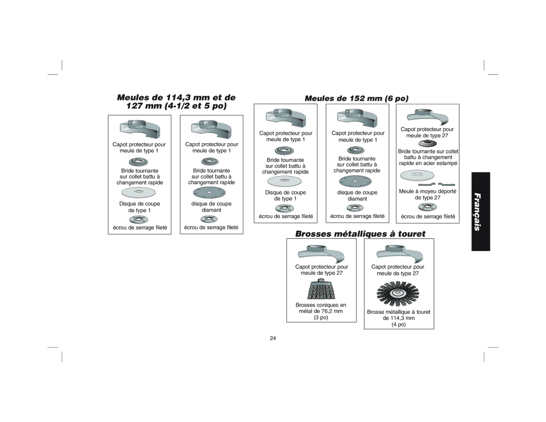 Epson D28144R instruction manual Meules de 114,3 mm et de 127 mm 4-1/2 et 5 po, Brosses métalliques à touret 