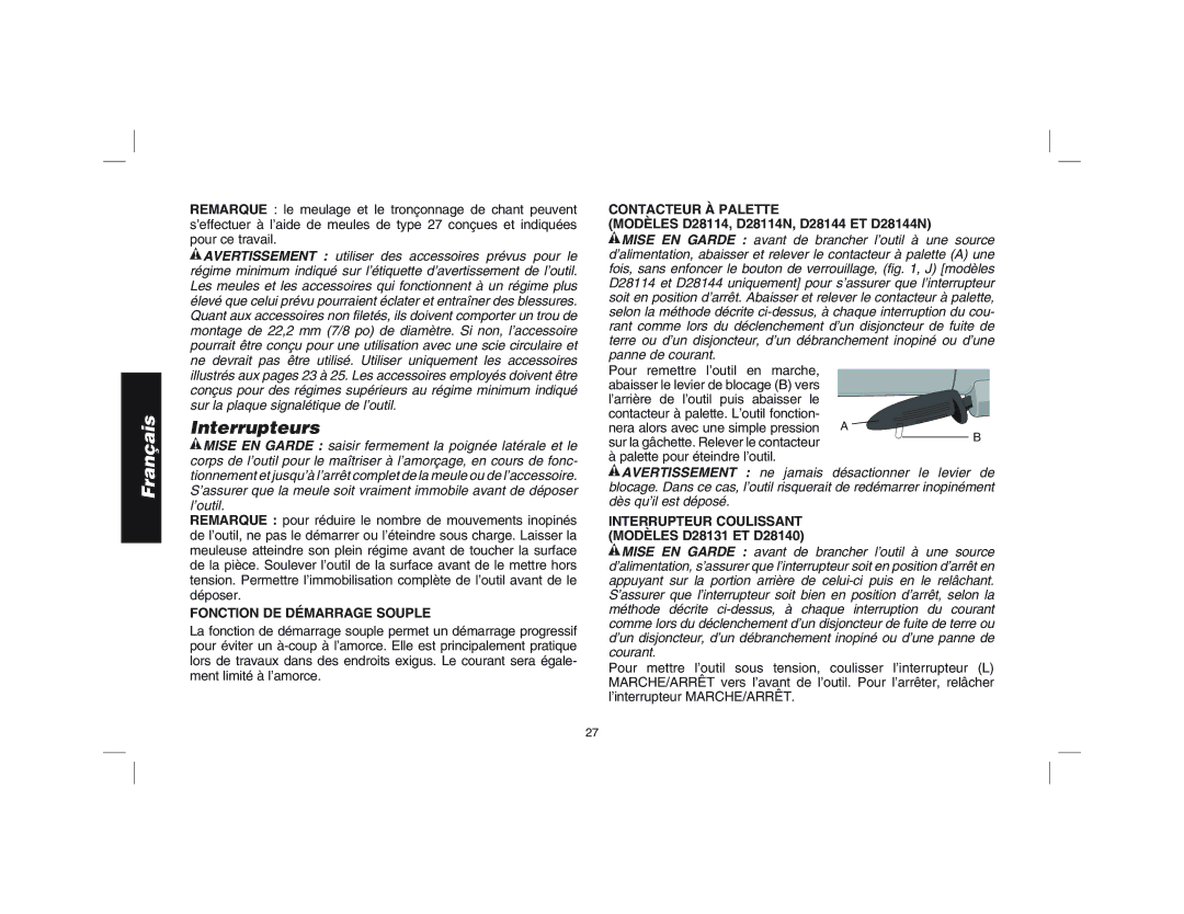 Epson D28144R instruction manual Interrupteurs, Contacteur À Palette, Modèles D28114, D28114N, D28144 ET D28144N 