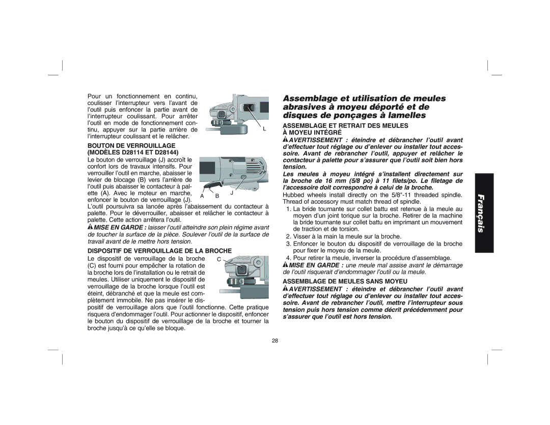 Epson D28144R instruction manual Bouton DE Verrouillage, Modèles D28114 ET D28144, Dispositif DE Verrouillage DE LA Broche 