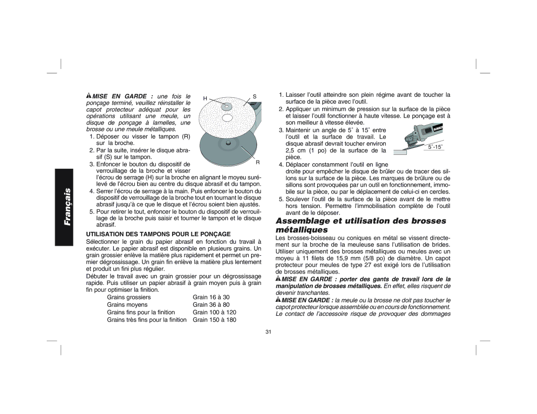 Epson D28144R instruction manual Assemblage et utilisation des brosses métalliques, Utilisation DES Tampons Pour LE Ponçage 