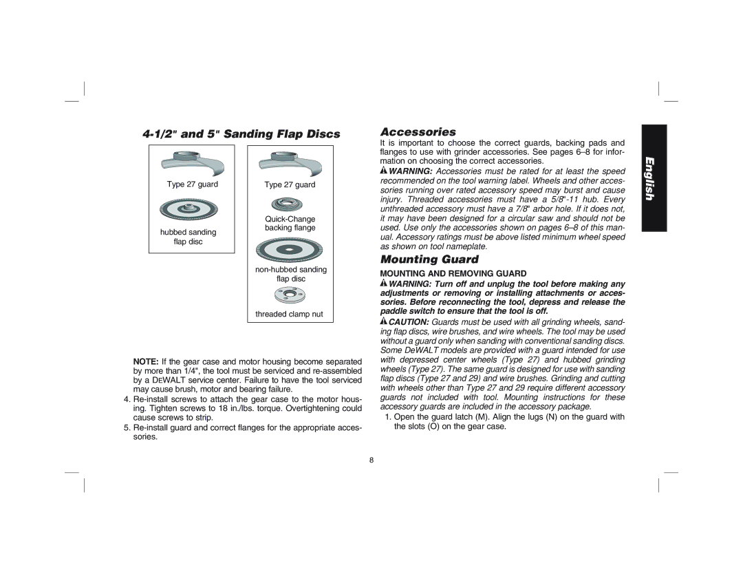 Epson D28144R instruction manual 2and 5 Sanding Flap Discs Accessories, Mounting Guard, Mounting and Removing Guard 