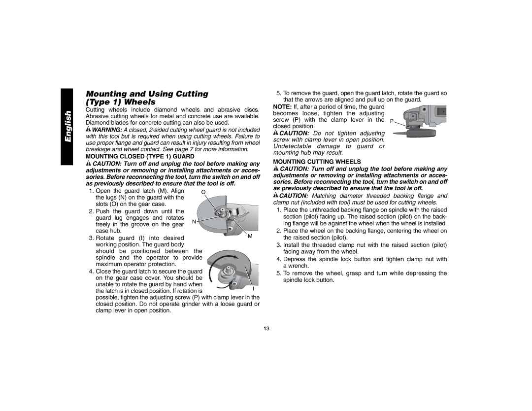 Epson D28112, D28402R Mounting and Using Cutting Type 1 Wheels, Mounting Closed Type 1 Guard, Mounting Cutting Wheels 