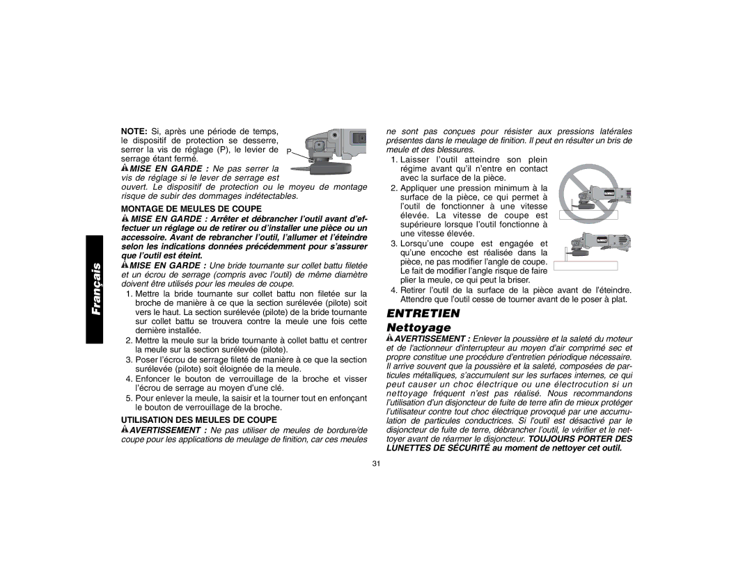 Epson D28112, D28402R instruction manual Entretien, Nettoyage, Montage DE Meules DE Coupe, Utilisation DES Meules DE Coupe 