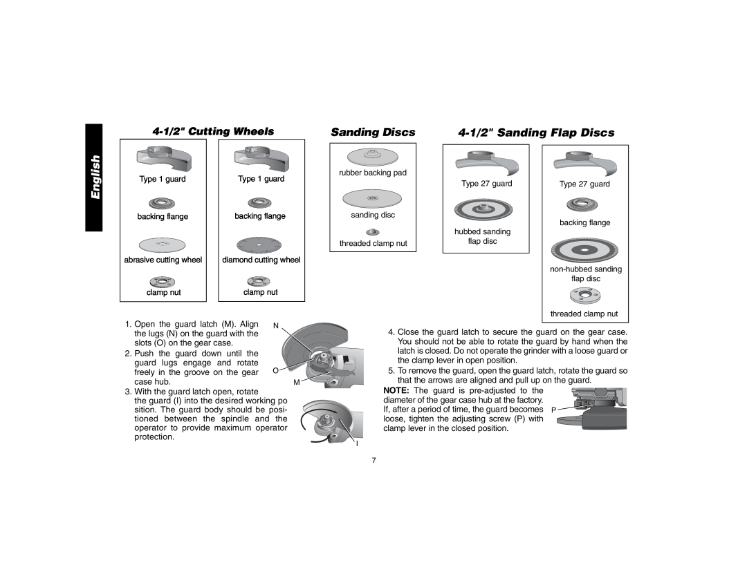 Epson D28112, D28402R instruction manual Sanding Discs, 4-1/2 Sanding Flap Discs, 4-1/2 Cutting Wheels, English 