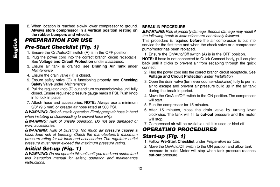 Epson D55168 Preparation for USE, Pre-Start Checklist Fig, Initial Set-up Fig, Operating Procedures, Start-up Fig 