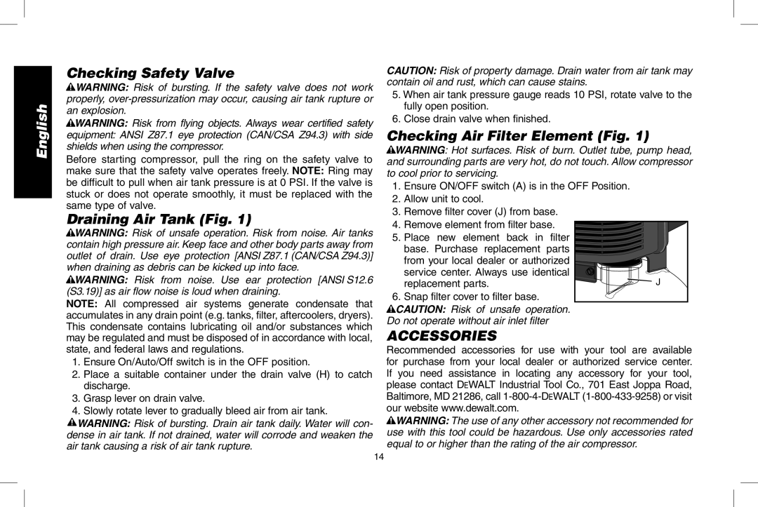 Epson D55168 instruction manual Checking Safety Valve, Draining Air Tank Fig, Checking Air Filter Element Fig, Accessories 