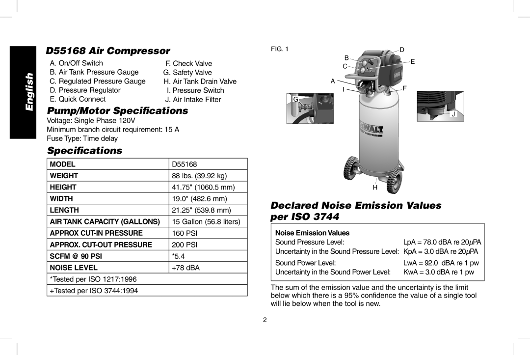 Epson instruction manual D55168 Air Compressor, Pump/Motor Speciﬁcations, Declared Noise Emission Values per ISO 