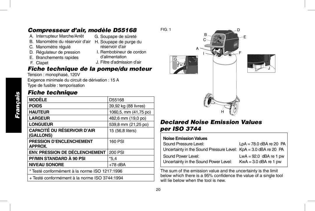 Epson instruction manual Compresseur d’air, modèle D55168, Fiche technique de la pompe/du moteur 