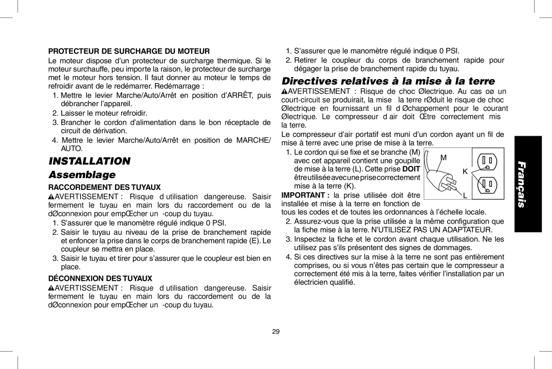 Epson D55168 instruction manual Assemblage, Directives relatives à la mise à la terre, Protecteur DE Surcharge DU Moteur 