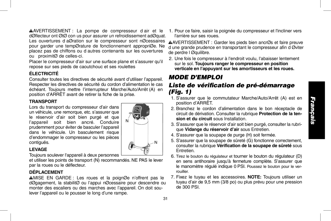 Epson D55168 Mode D’EMPLOI, Liste de vériﬁcation de pré-démarrage Fig, Électricité, Transport, Déplacement 