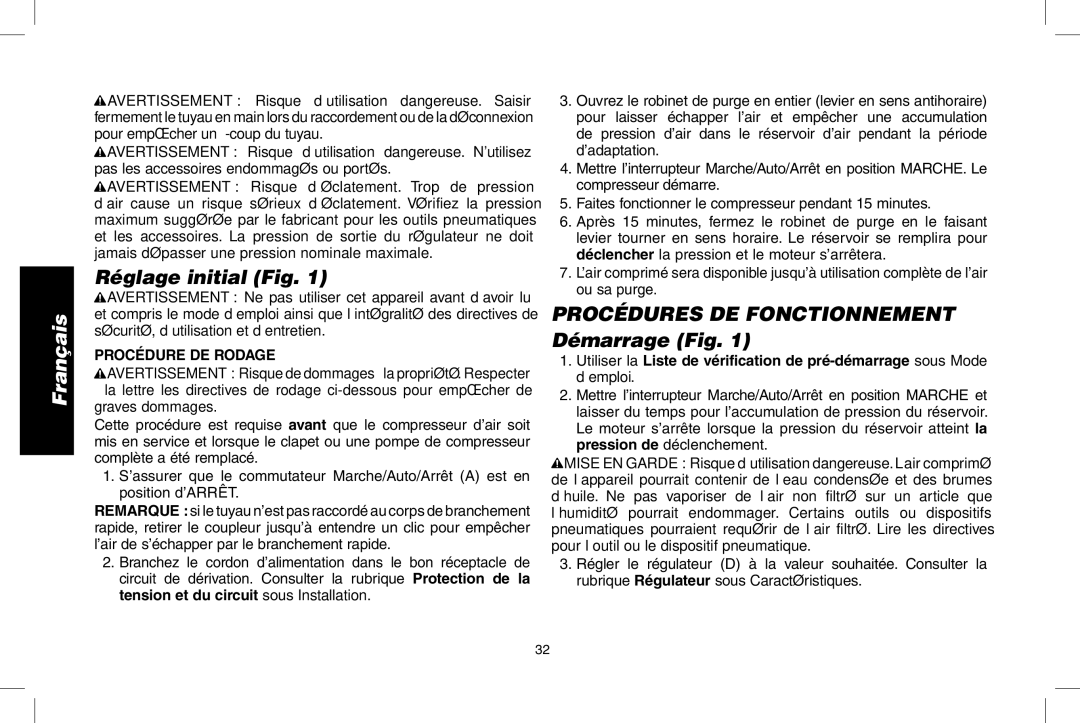 Epson D55168 instruction manual Réglage initial Fig, Procédures DE Fonctionnement Démarrage Fig, Procédure DE Rodage 