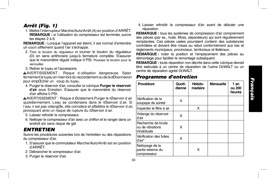 Epson D55168 instruction manual Arrêt Fig, Entretien, Programme d’entretien, Procédure Quoti Hebdo Mensuelle 