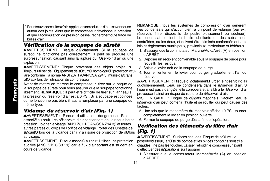 Epson D55168 instruction manual Vériﬁcation de la soupape de sûreté, Vidange du réservoir d’air Fig 