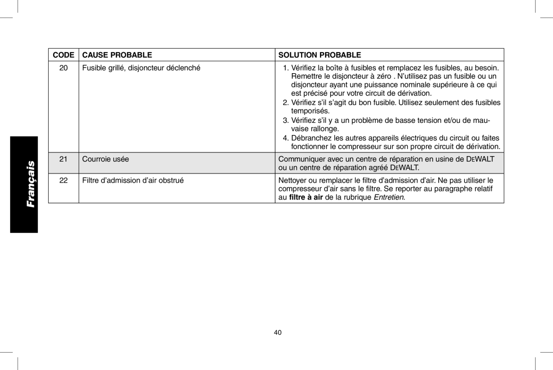 Epson D55168 instruction manual Code Cause Probable, Courroie usée Filtre d’admission d’air obstrué 