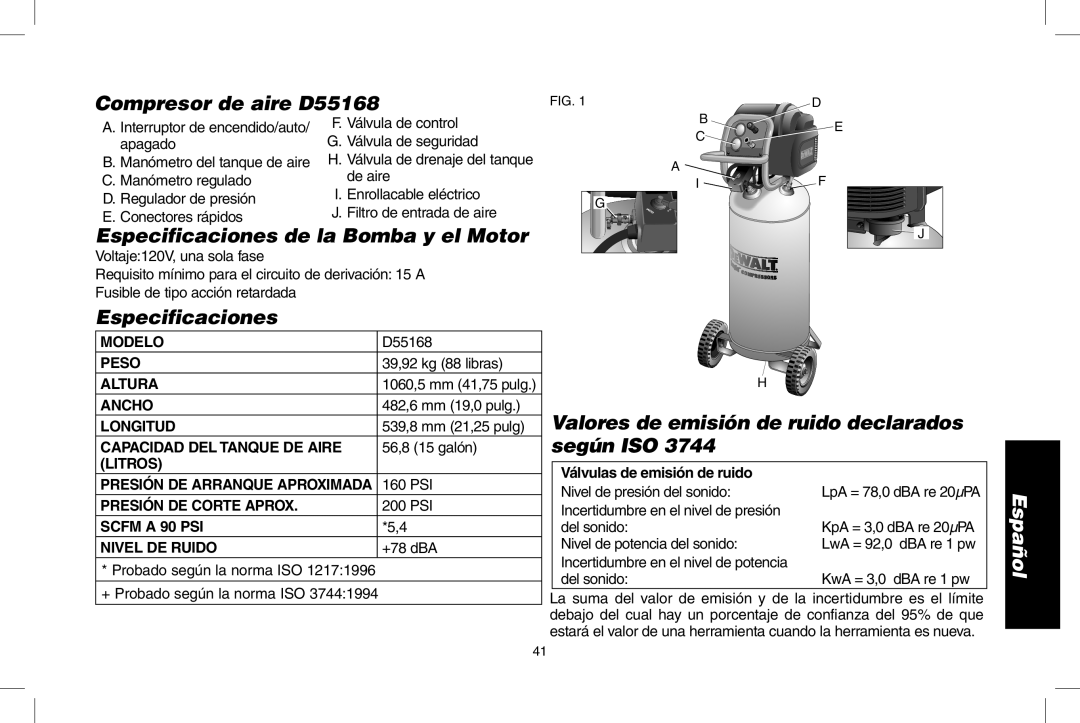 Epson instruction manual Compresor de aire D55168, Especificaciones de la Bomba y el Motor 