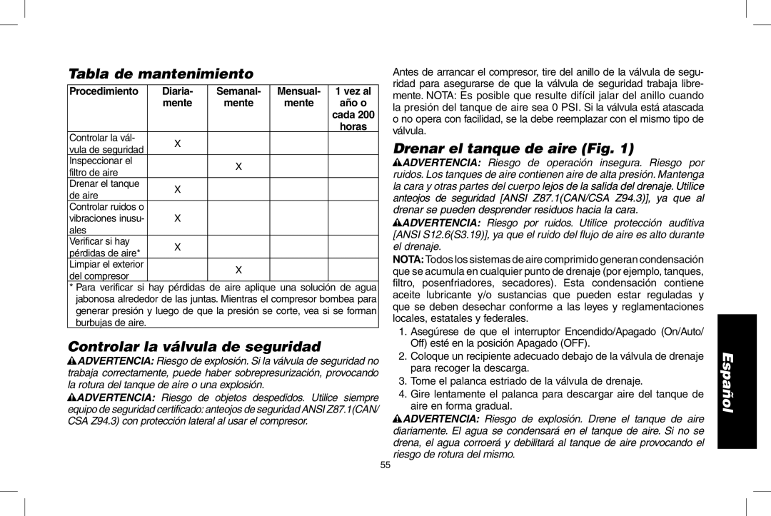 Epson D55168 Tabla de mantenimiento, Controlar la válvula de seguridad, Drenar el tanque de aire Fig, Año o 