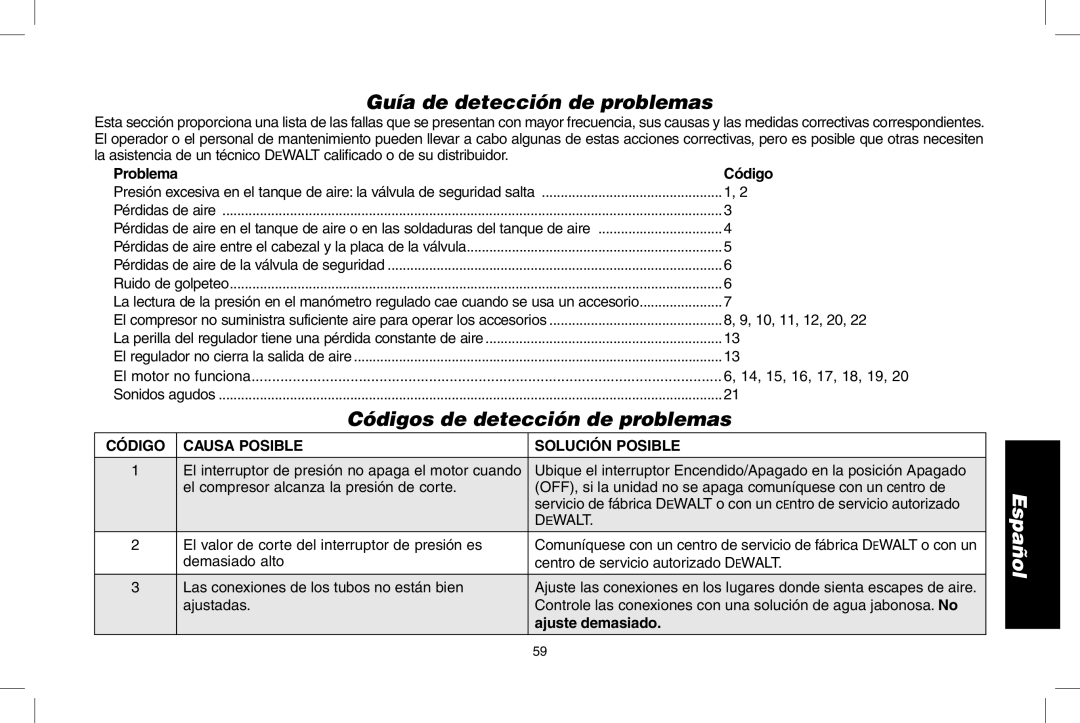 Epson D55168 Guía de detección de problemas, Códigos de detección de problemas, Problema Código, Ajuste demasiado 