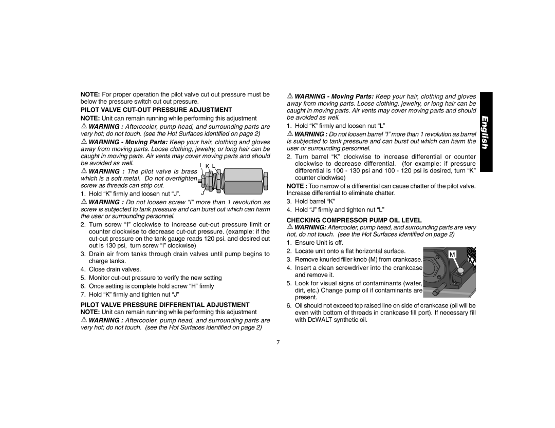 Epson D55170 manual Pilot Valve CUT-OUT Pressure Adjustment, Checking Compressor Pump OIL Level 