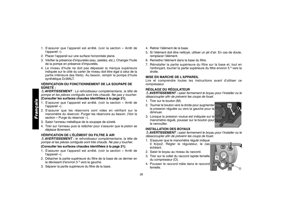 Epson D55170 manual Vérification DU Fonctionnement DE LA Soupape DE Sûreté, Vérification DE L’ÉLÉMENT DU Filtre À AIR 