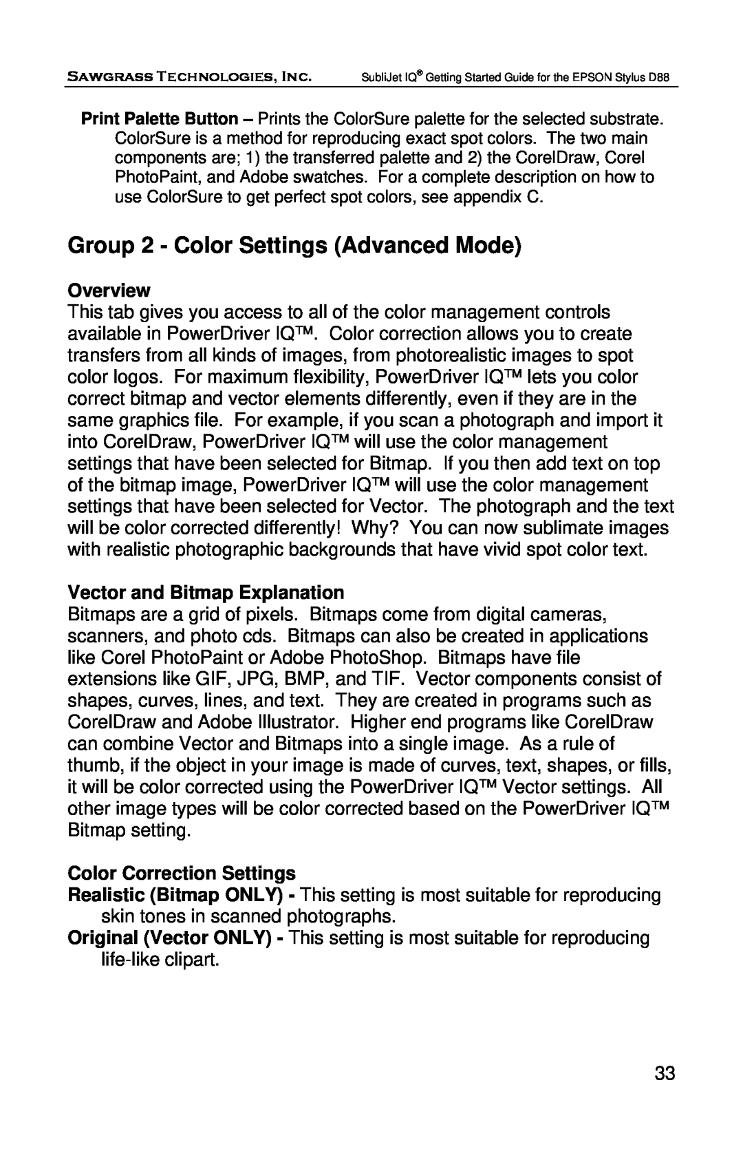Epson D88 manual Group 2 - Color Settings Advanced Mode, Overview, Vector and Bitmap Explanation, Color Correction Settings 