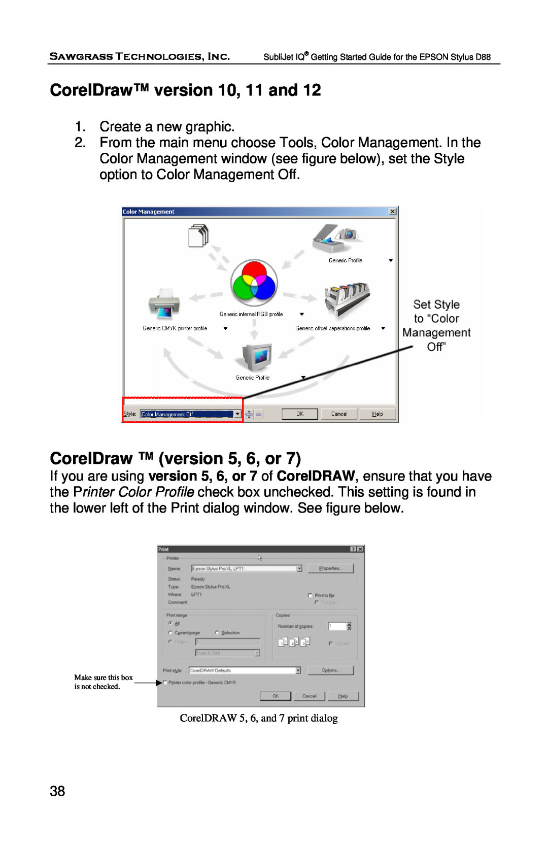 Epson D88 manual CorelDraw version 10, 11 and, CorelDraw version 5, 6, or, CorelDRAW 5, 6, and 7 print dialog 