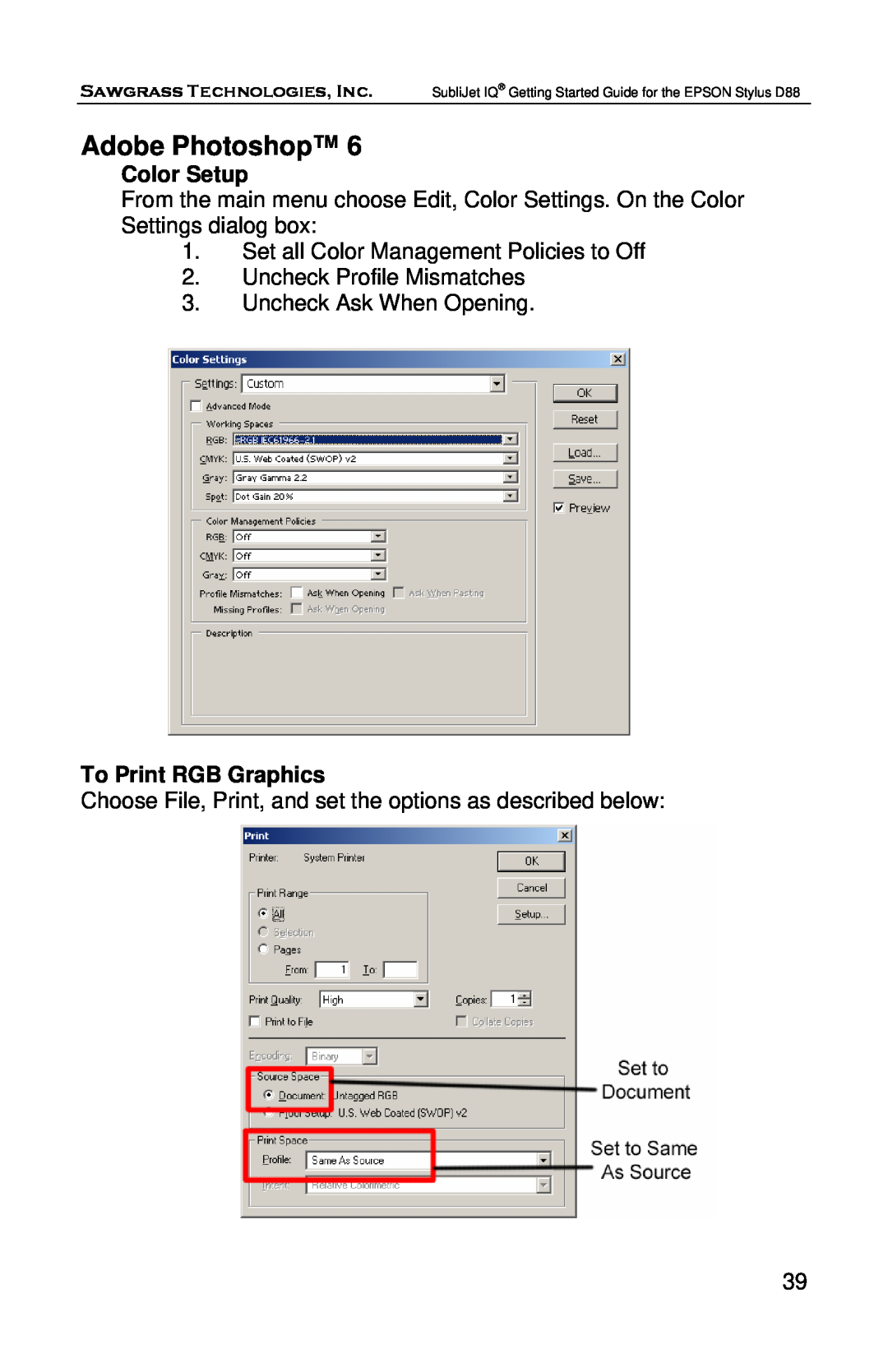 Epson D88 manual Adobe Photoshop, Color Setup, To Print RGB Graphics 