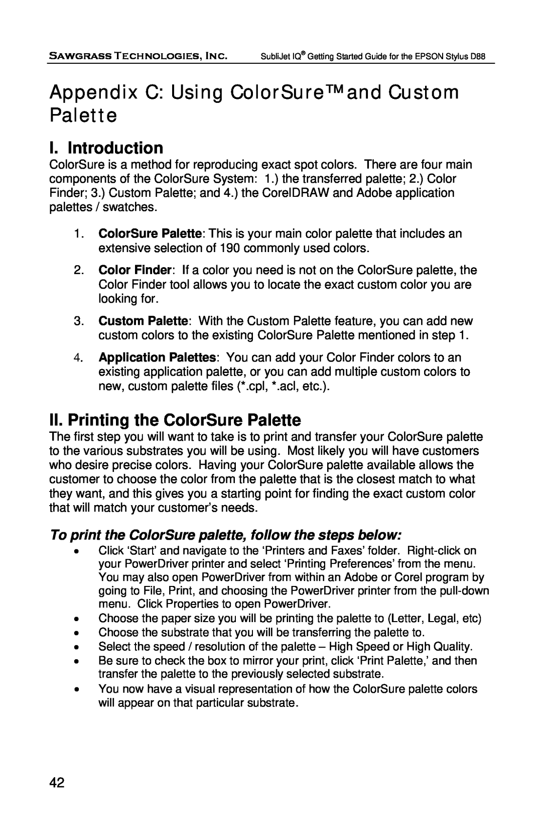 Epson D88 manual Appendix C Using ColorSure and Custom Palette, I. Introduction, II. Printing the ColorSure Palette 