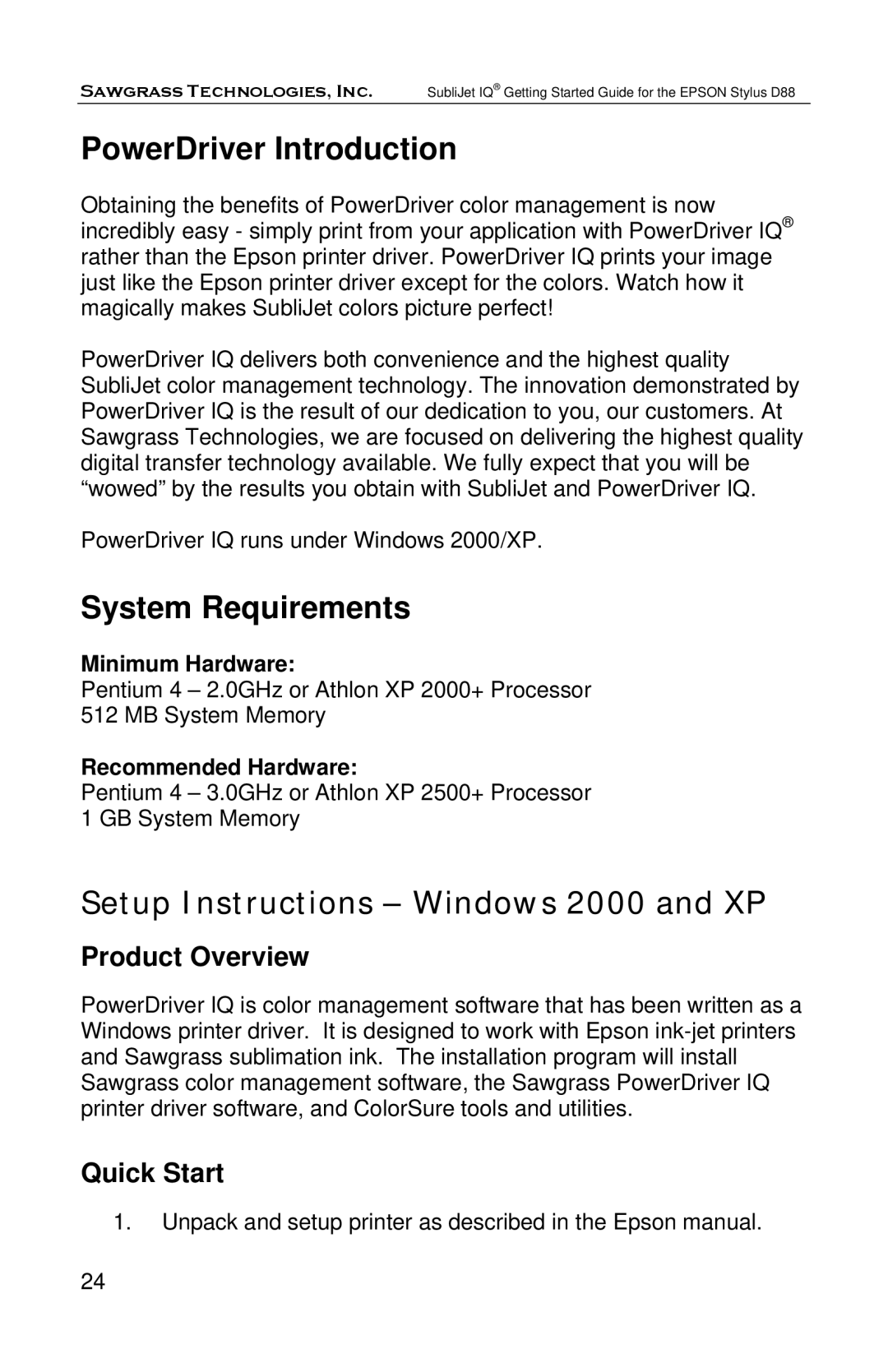 Epson D88 Setup Instructions Windows 2000 and XP, Product Overview, Quick Start, Minimum Hardware, Recommended Hardware 