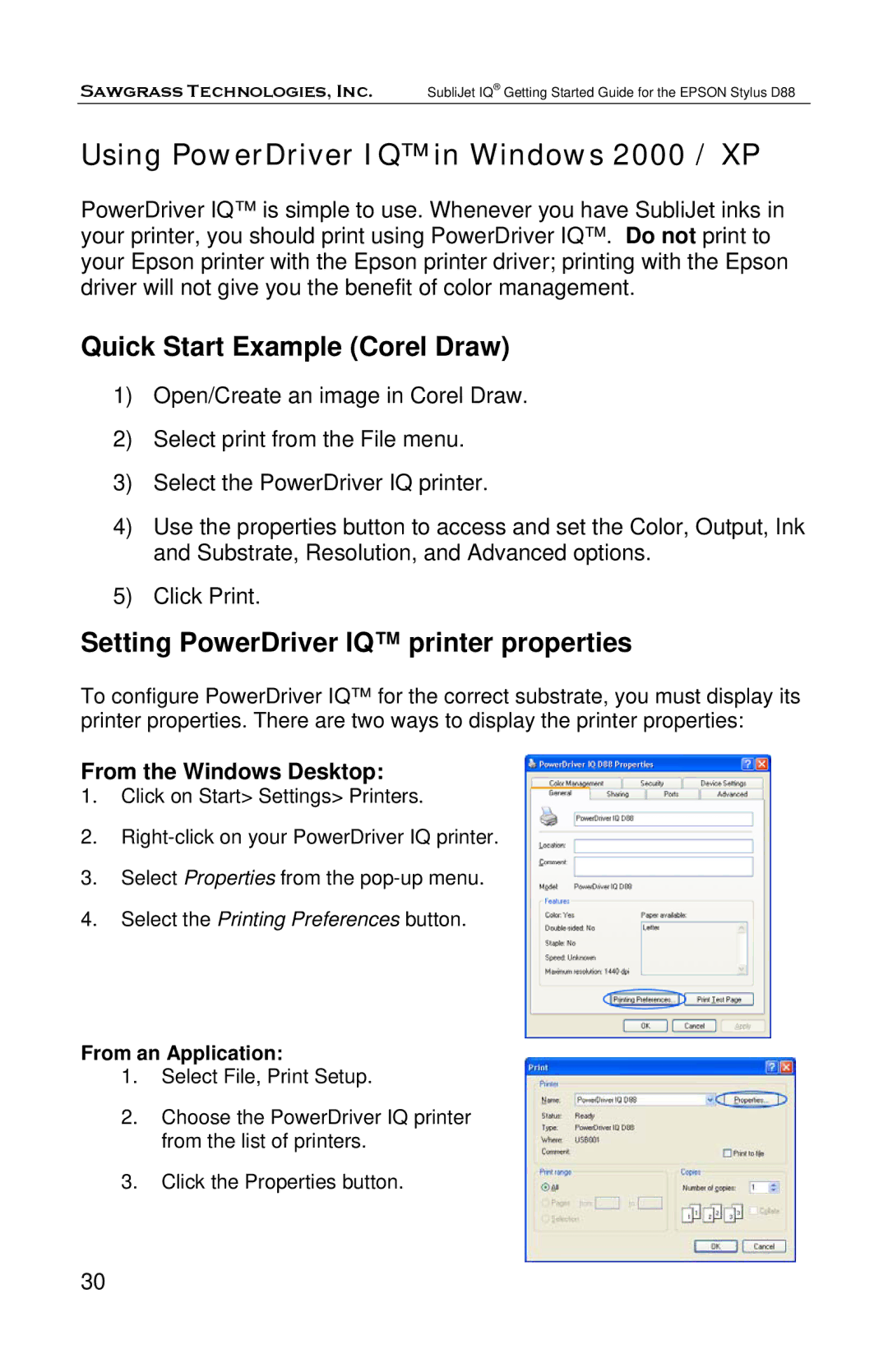 Epson D88 manual Quick Start Example Corel Draw, Setting PowerDriver IQ printer properties, From the Windows Desktop 