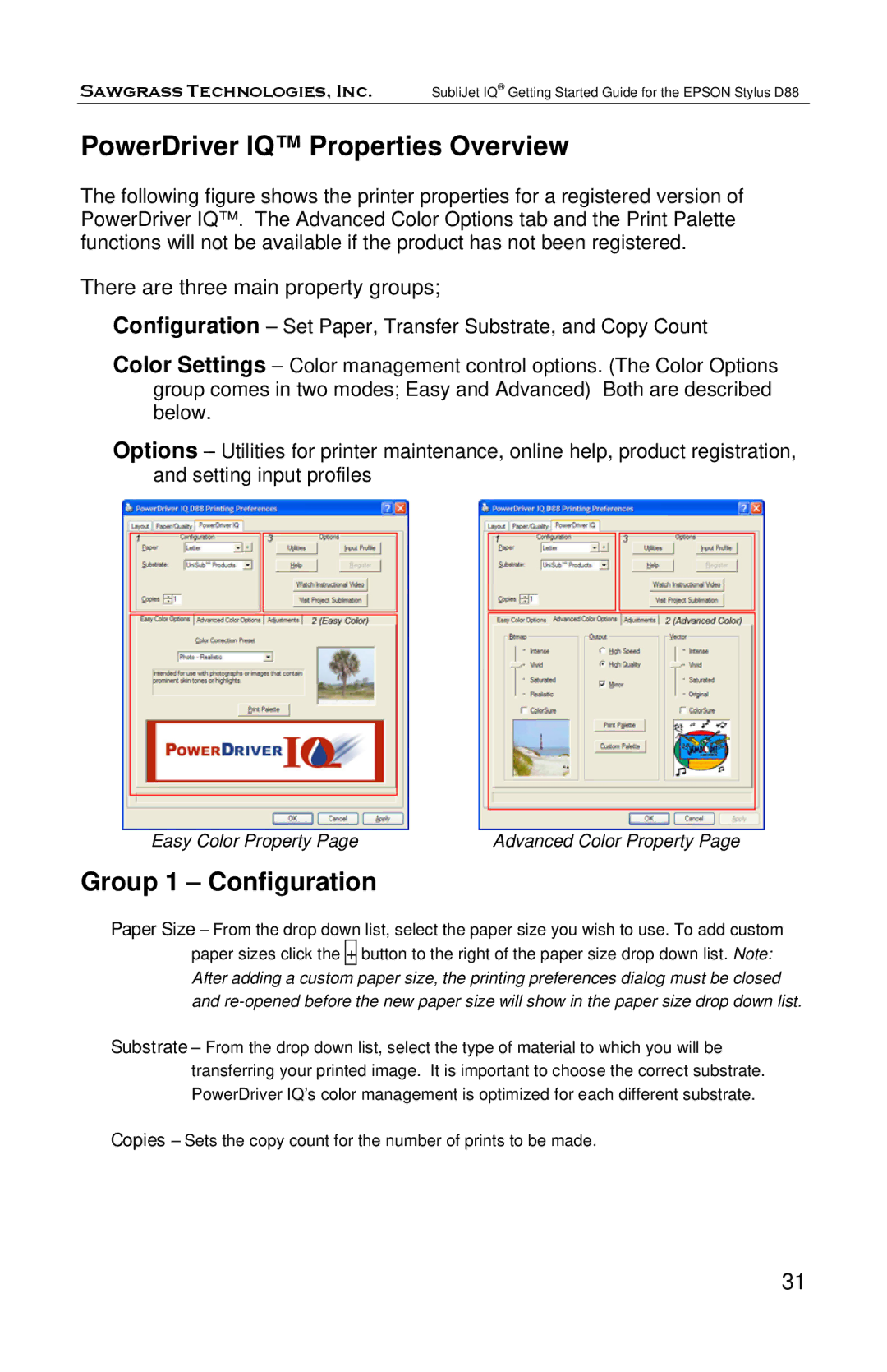 Epson D88 manual PowerDriver IQ Properties Overview, There are three main property groups 