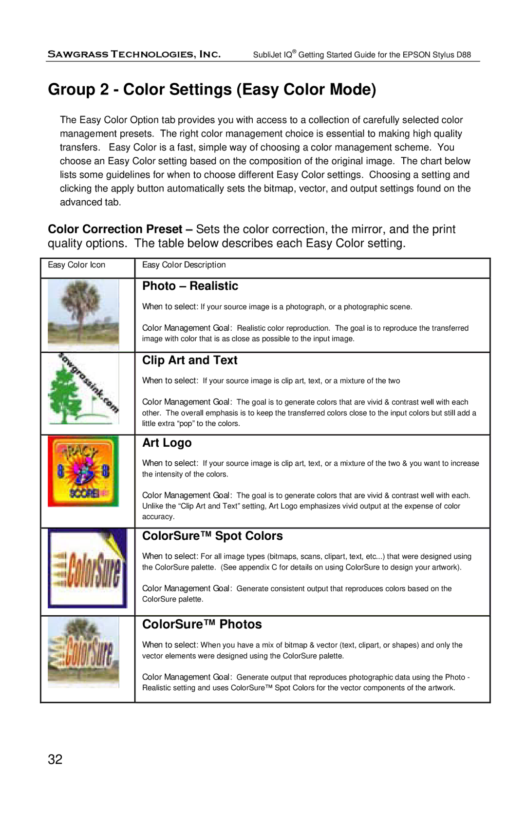 Epson D88 manual Group 2 Color Settings Easy Color Mode, ColorSure Photos 