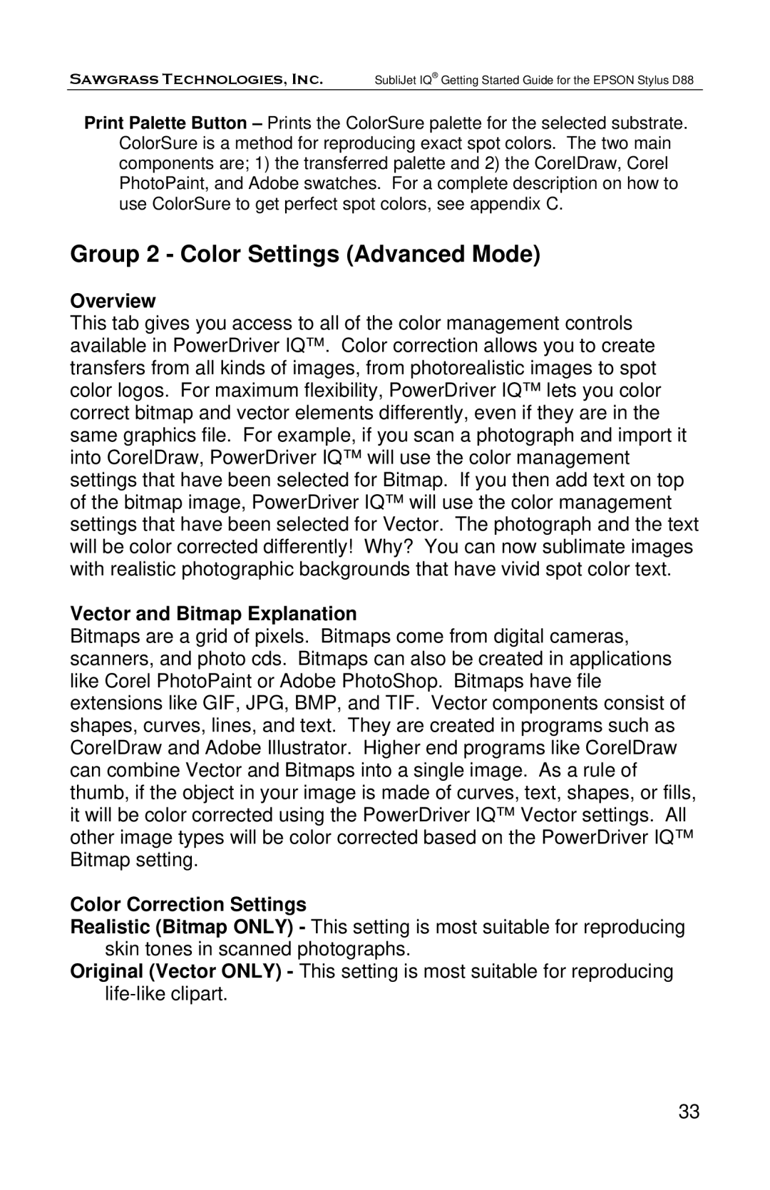 Epson D88 manual Group 2 Color Settings Advanced Mode, Overview, Vector and Bitmap Explanation, Color Correction Settings 