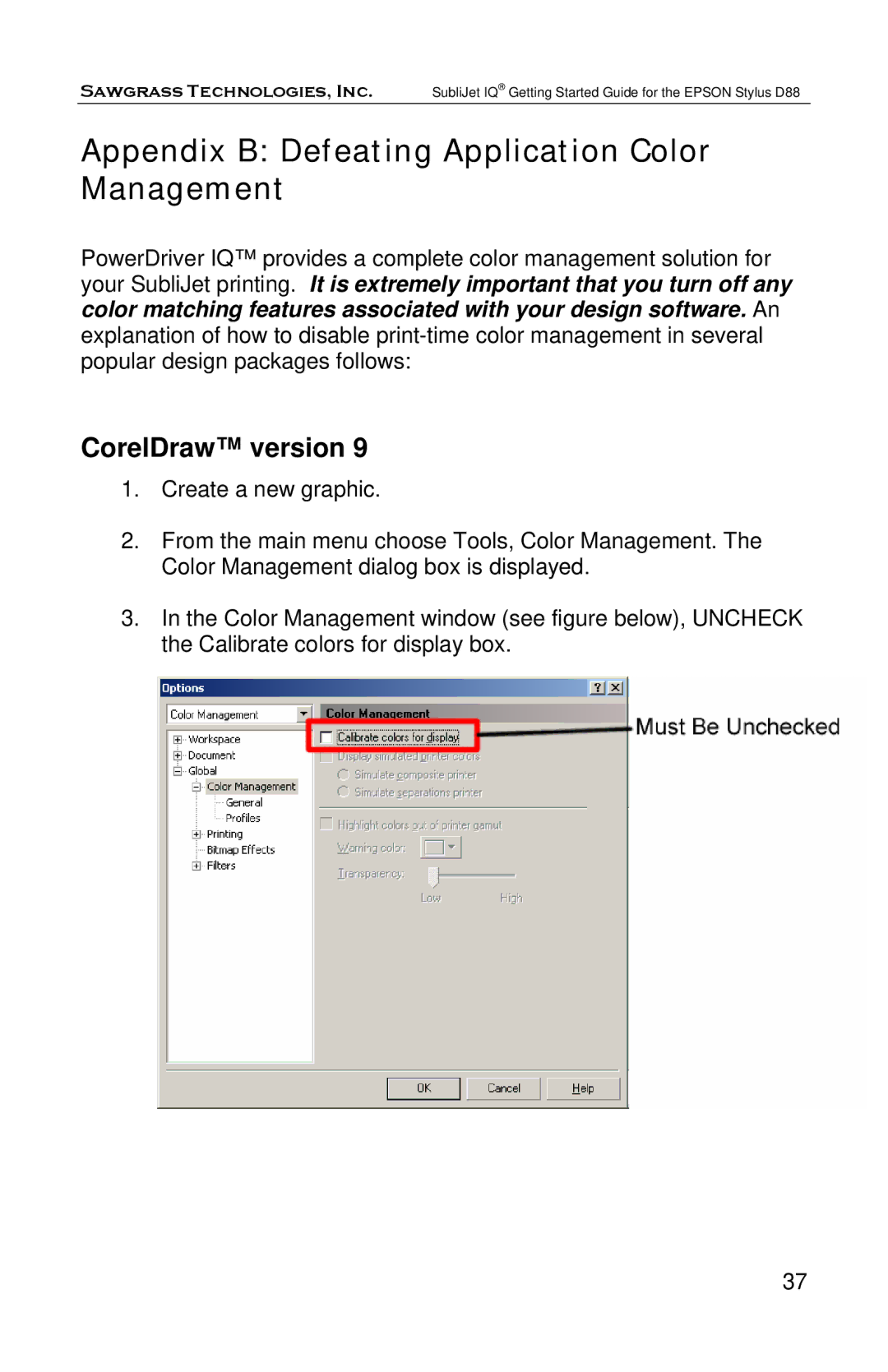 Epson D88 manual Appendix B Defeating Application Color Management, CorelDraw version 