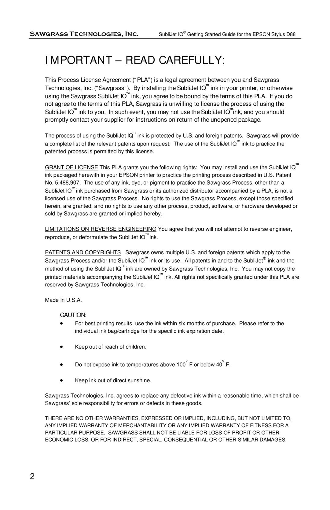 Epson D88 manual Important Read Carefully 