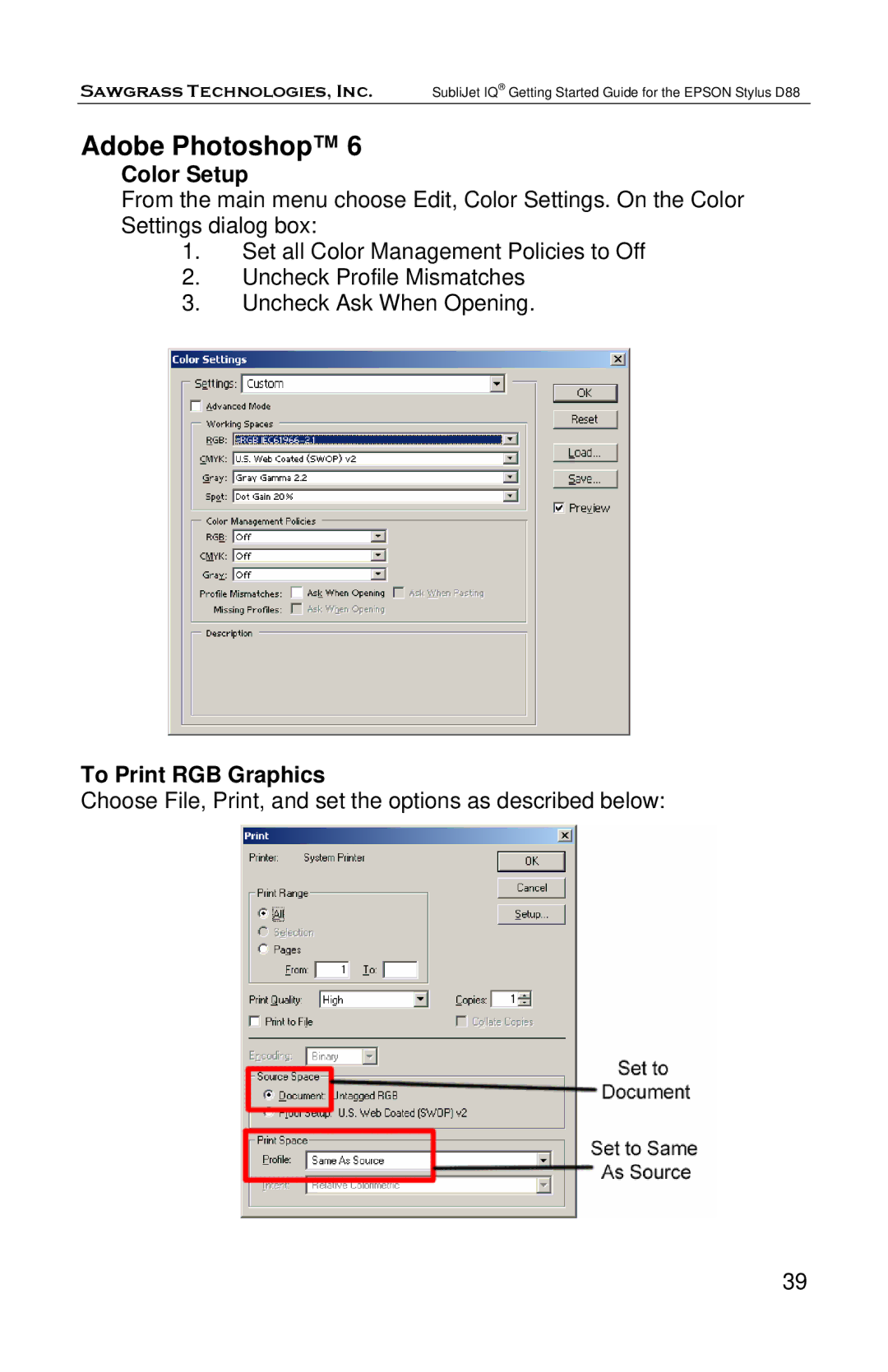 Epson D88 manual Adobe Photoshop, Color Setup, To Print RGB Graphics 