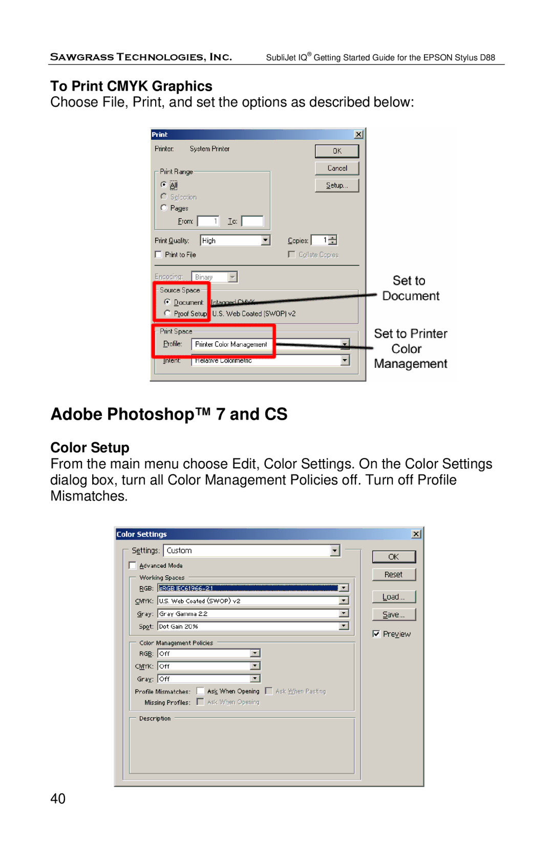 Epson D88 manual Adobe Photoshop 7 and CS, To Print Cmyk Graphics 