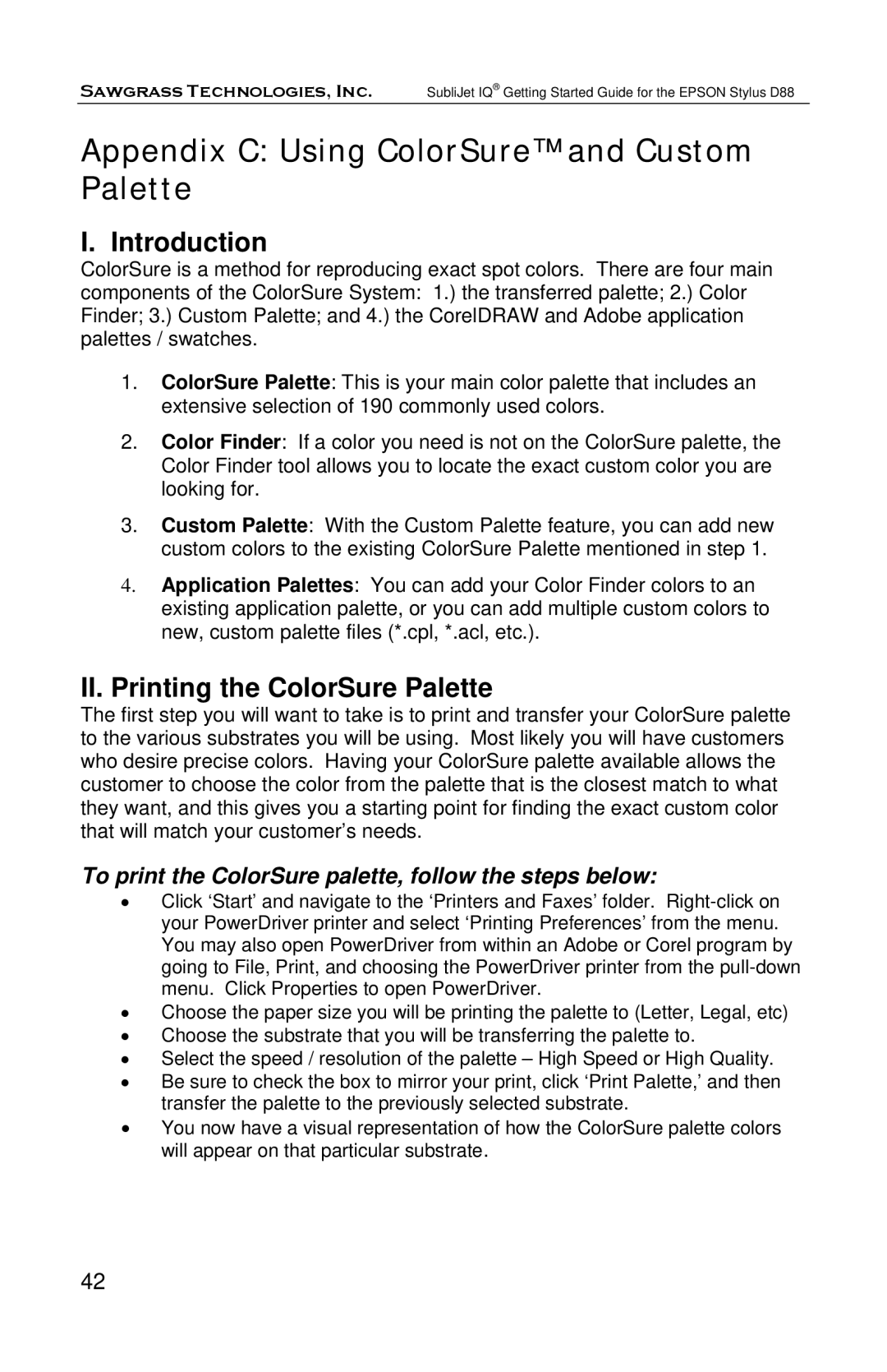 Epson D88 manual Appendix C Using ColorSure and Custom Palette, Introduction, II. Printing the ColorSure Palette 