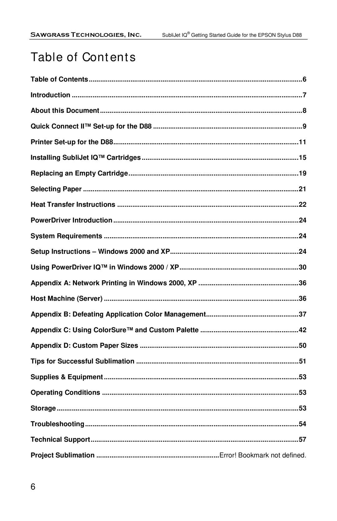 Epson D88 manual Table of Contents 