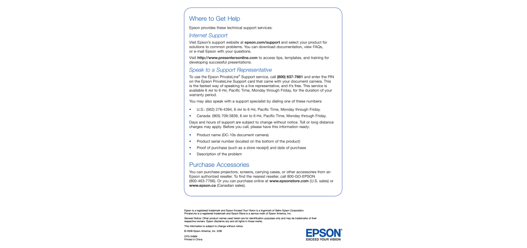 Epson DC-10s warranty Where to Get Help, Purchase Accessories, Internet Support, Speak to a Support Representative 