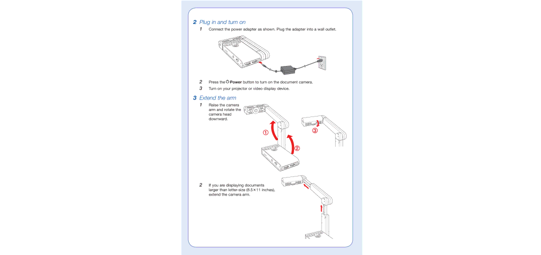 Epson DC-10s warranty Plug in and turn on, Extend the arm 