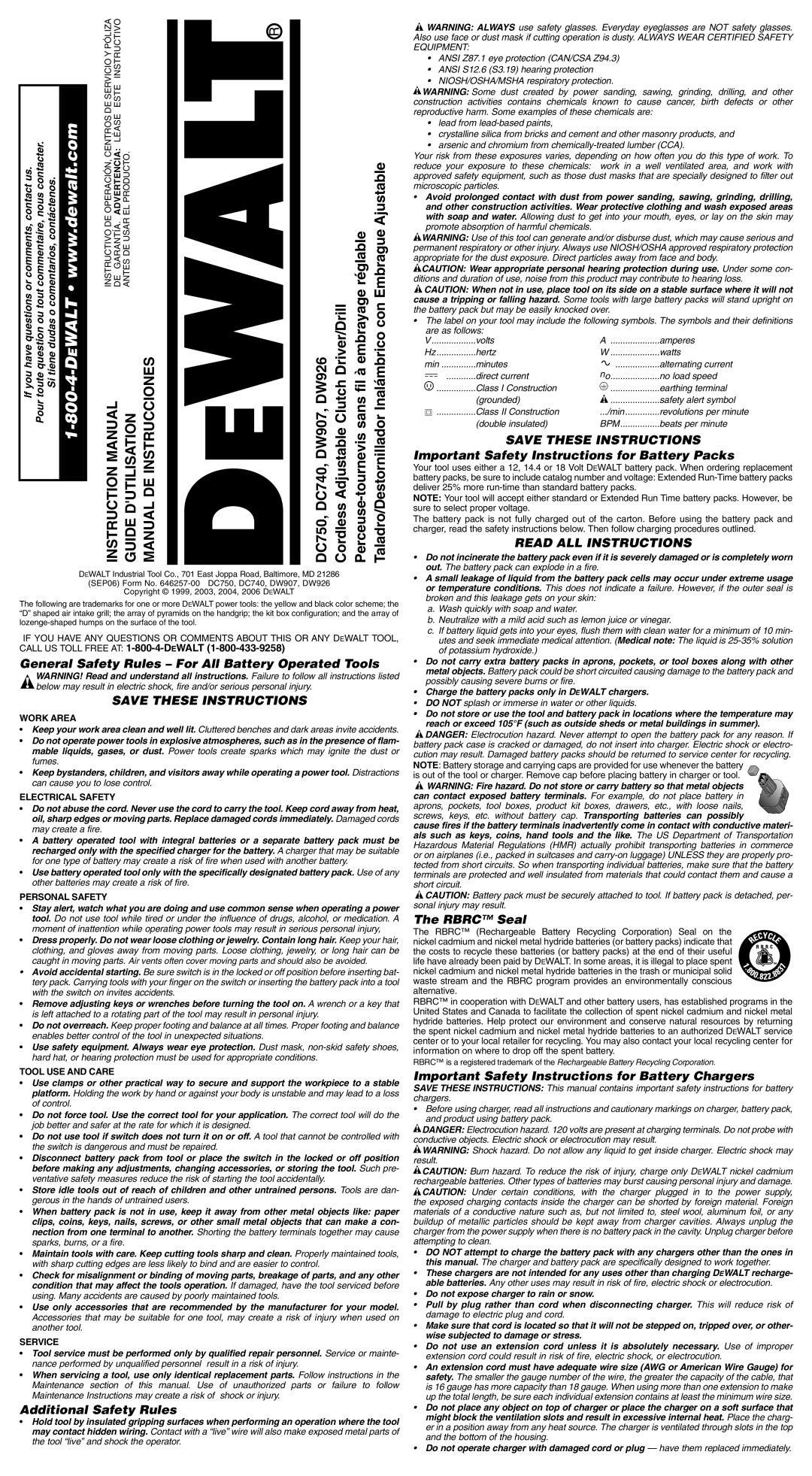 Epson DC740 instruction manual General Safety Rules For All Battery Operated Tools, Additional Safety Rules, Rbrc Seal 