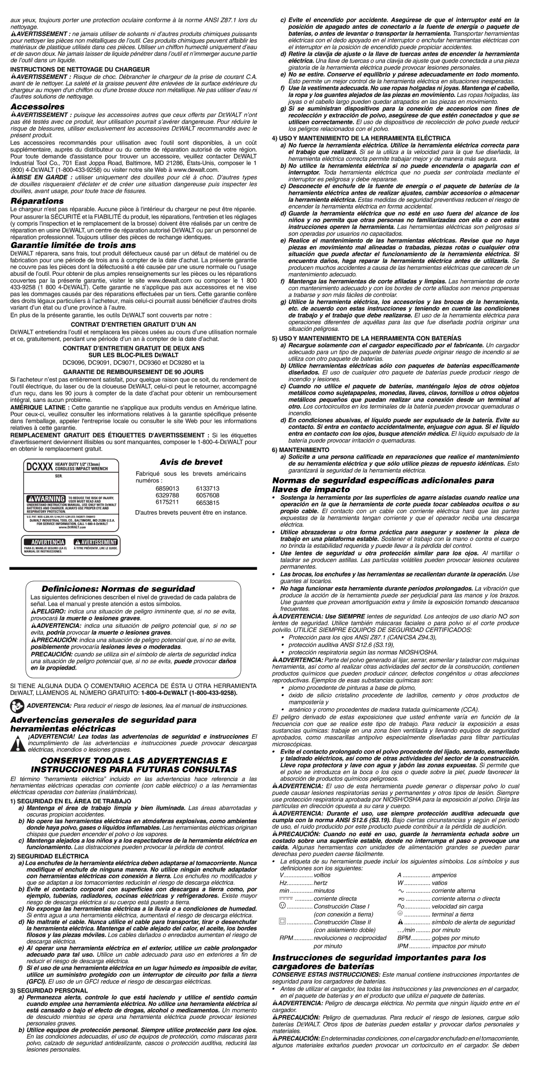 Epson DC800 Accessoires, Réparations, Garantie limitée de trois ans, Avis de brevet, Deﬁniciones Normas de seguridad 