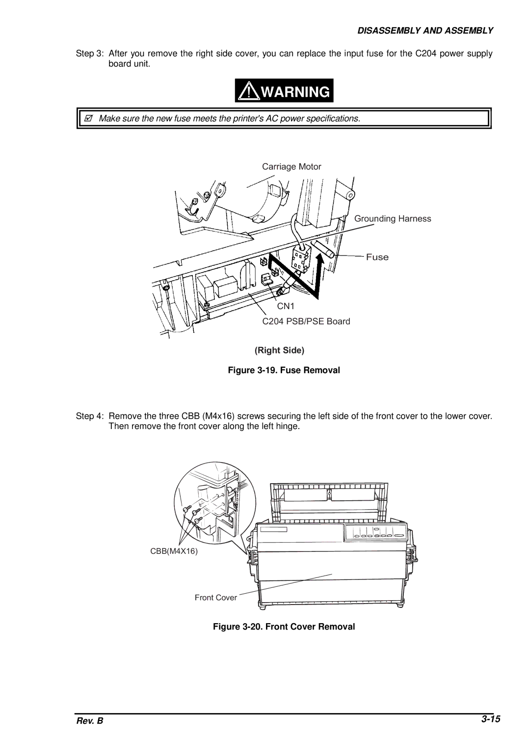 Epson DFX-8500 service manual G h t S i d e -19. Fuse Removal, Front Cover Removal 