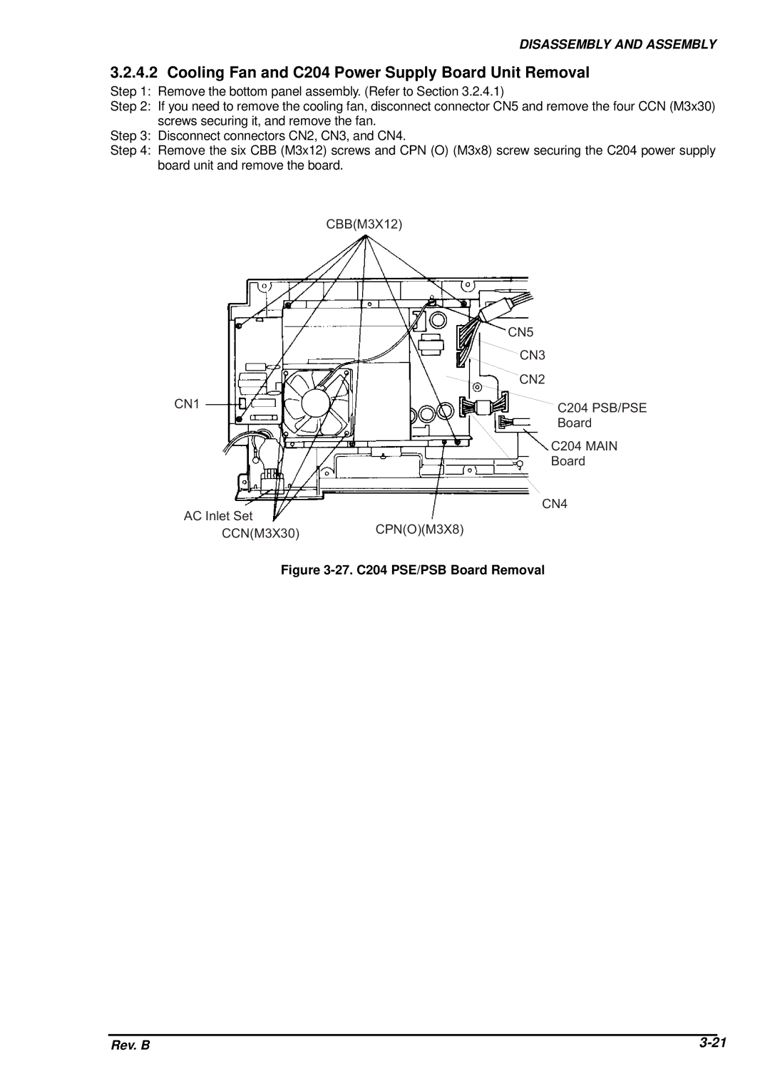 Epson DFX-8500 service manual Cooling Fan and C204 Power Supply Board Unit Removal, 27. C204 PSE/PSB Board Removal 