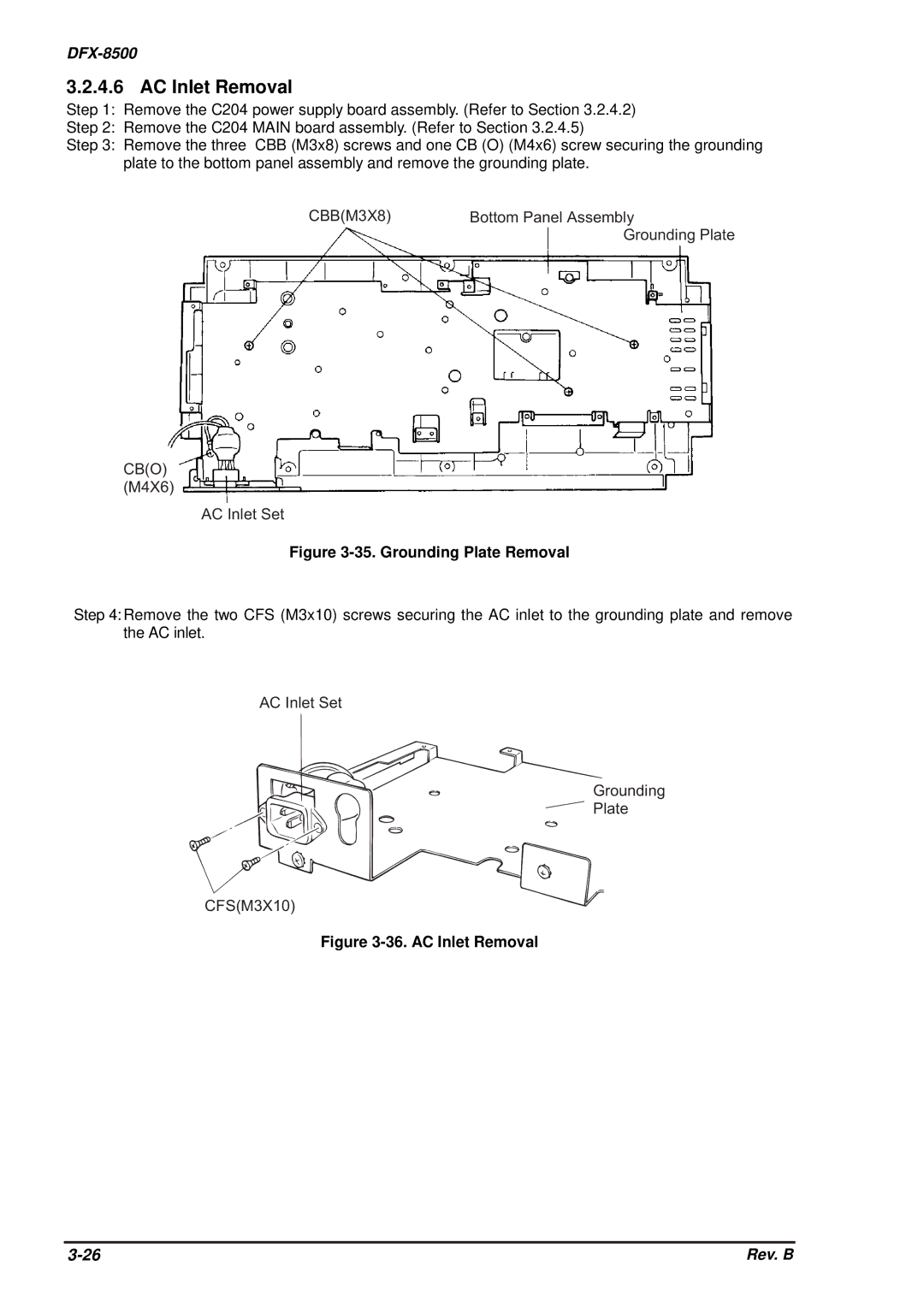 Epson DFX-8500 service manual AC Inlet Removal, Grounding Plate Removal 