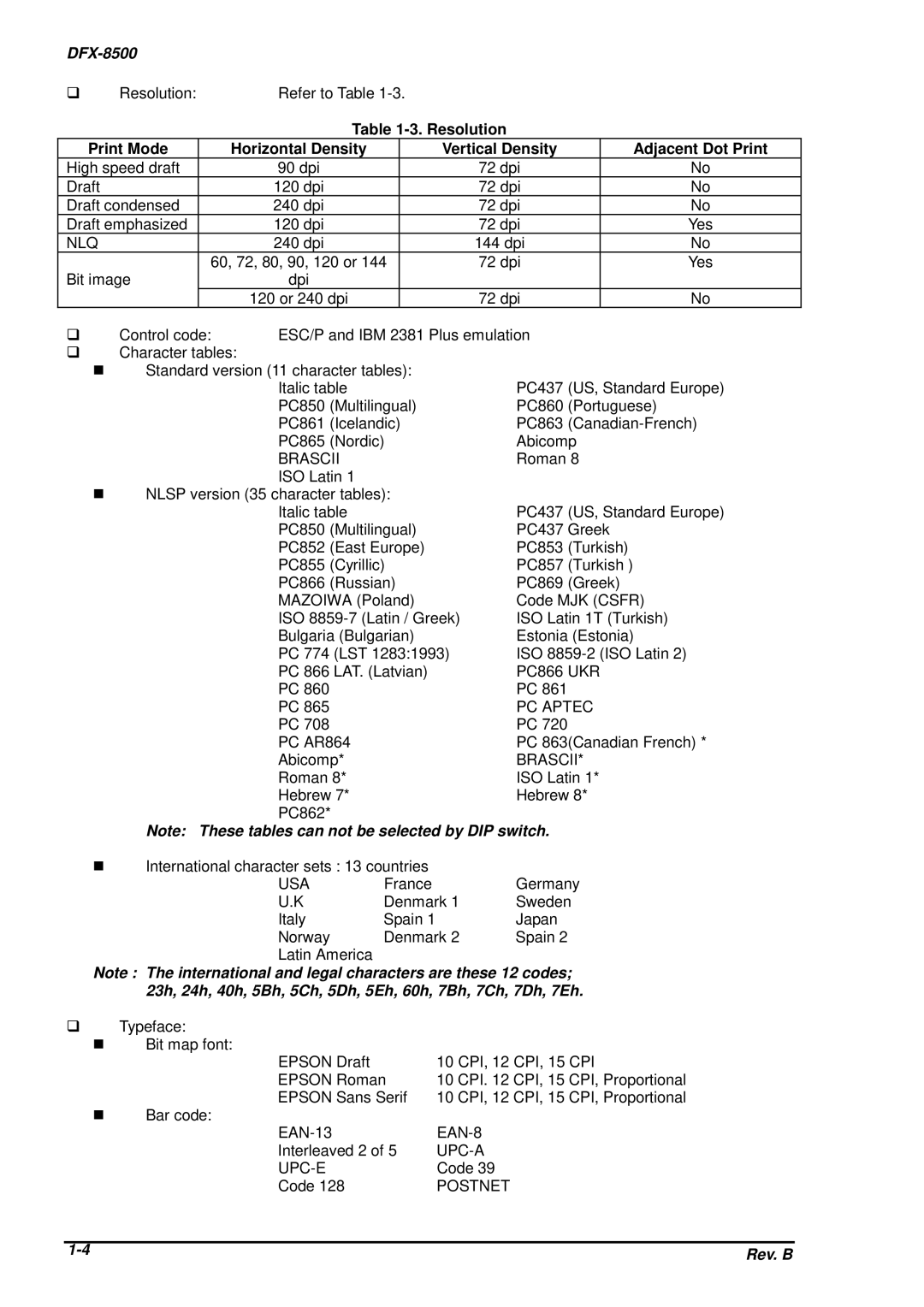 Epson DFX-8500 service manual Brascii, PC866 UKR PC Aptec, Usa, Upc-A Upc-E, Postnet 