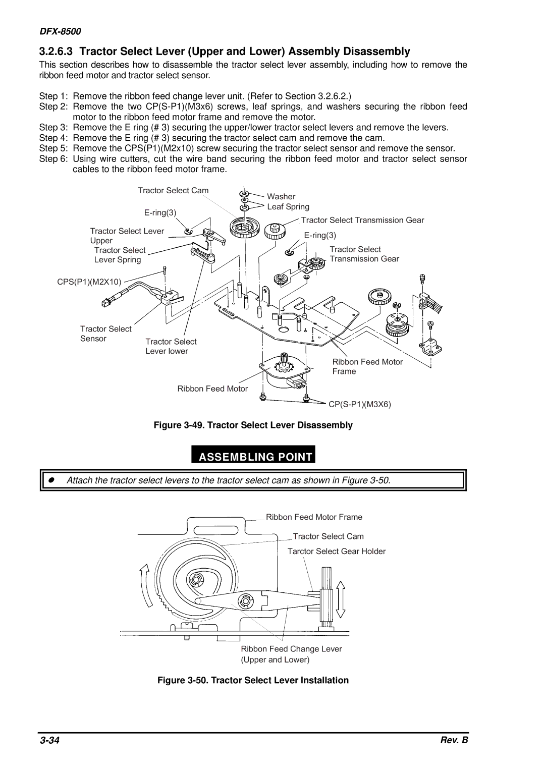 Epson DFX-8500 service manual Tractor Select Lever Upper and Lower Assembly Disassembly, Tractor Select Lever Disassembly 