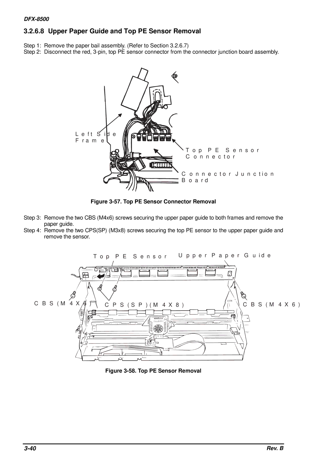 Epson DFX-8500 service manual Upper Paper Guide and Top PE Sensor Removal, Top PE Sensor Connector Removal 