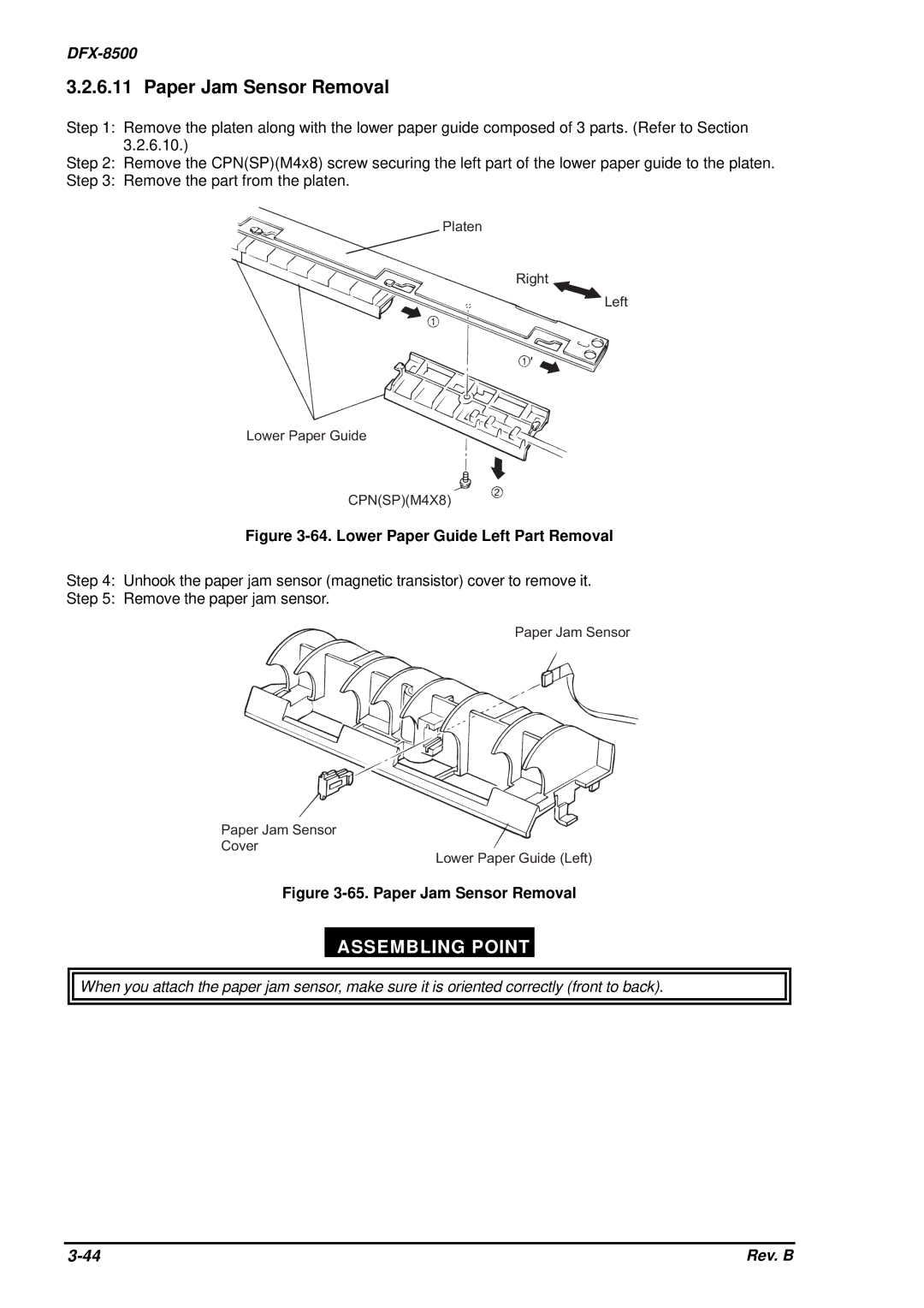 Epson DFX-8500 service manual Paper Jam Sensor Removal, Lower Paper Guide Left Part Removal 