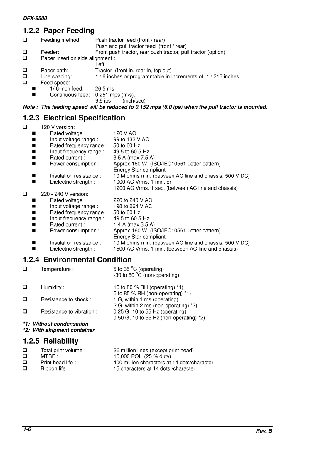 Epson DFX-8500 service manual Paper Feeding, Electrical Specification, Environmental Condition, Reliability, Mtbf 